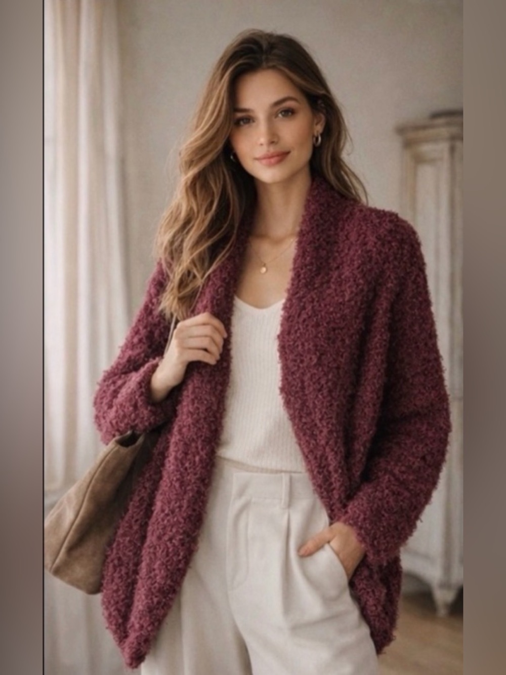 Kensie XL Plush Teddy Texture Cocoon Cardigan Merlot Bouclé Cozy Boutique NWT
